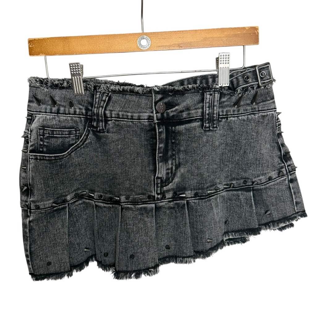 Darker Wavs Goth Punk Spikes‎ Asymmetric Micro Mini Pleated Denim Skirt Black L